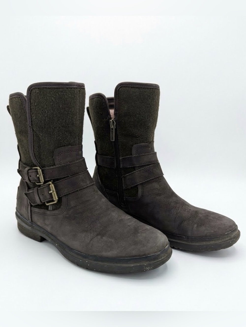 UGG Simmens Brown Leather Waterproof Moto Winter Boots Size 6.5 Sherpa lining